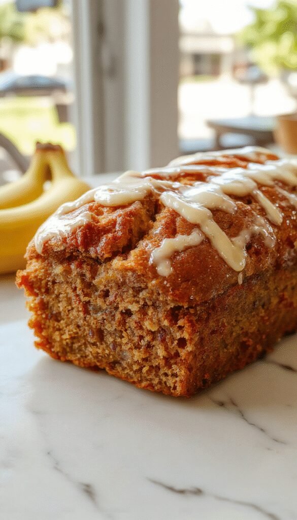 A slice of rich cafe-style banana bread on a rustic plate garnished with banana slices and a dusting of powdered sugar.