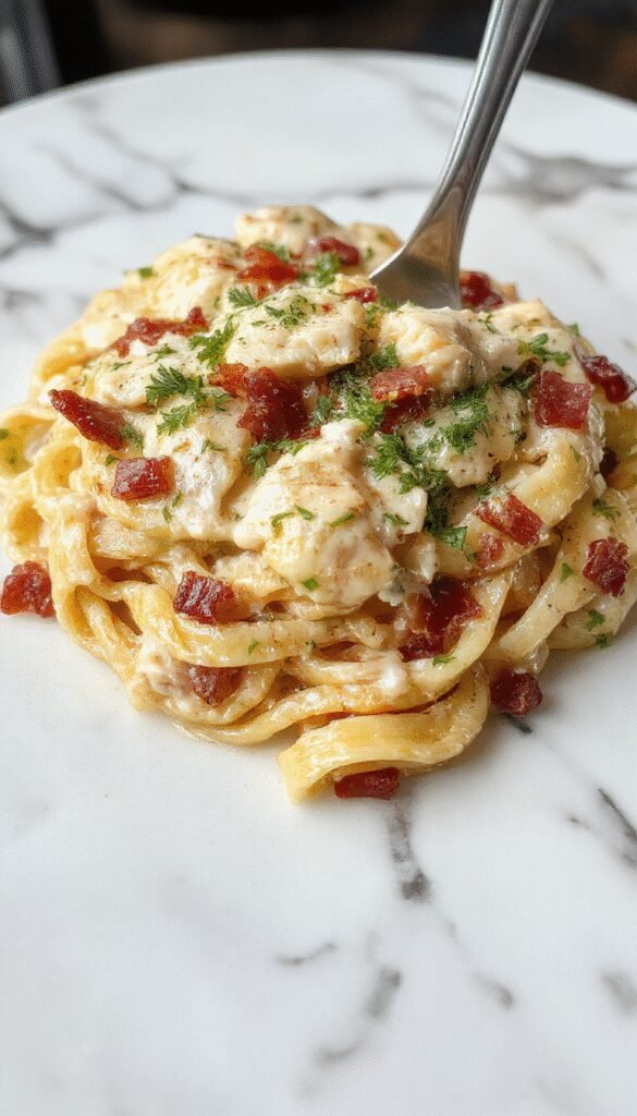 A plate of creamy chicken bacon ranch pasta garnished with fresh herbs and grated cheese