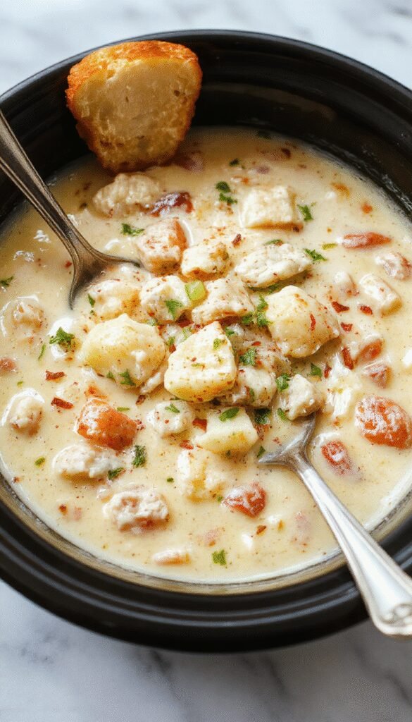 A warm bowl of Creamy Crockpot White Chicken Chili topped with fresh herbs and shredded cheese, served with cornbread on the side.