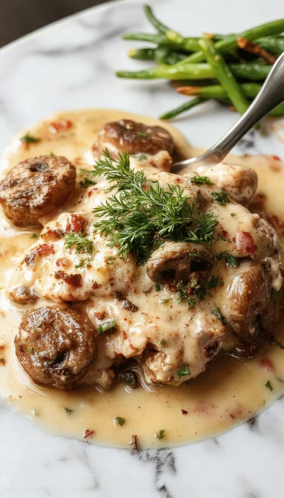 A plate of creamy dreamy mushroom chicken garnished with fresh herbs on a white dish