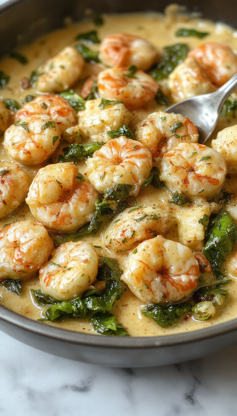 A bowl of creamy shrimp and spinach tortellini garnished with fresh herbs on a rustic wooden table