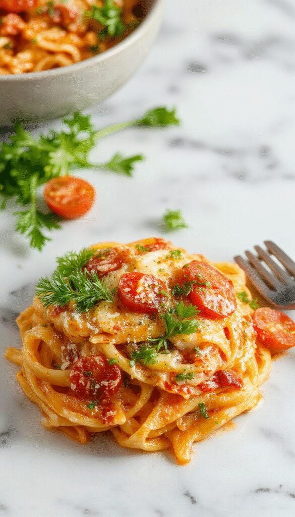 A plate of creamy tomato pasta topped with fresh basil and grated cheese, steaming and inviting.
