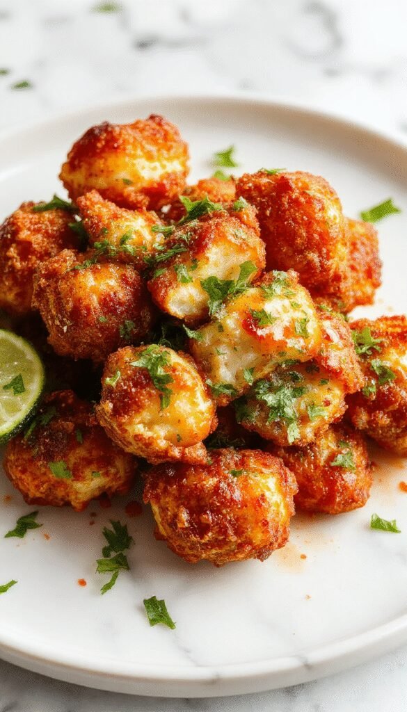 Golden crispy buffalo cauliflower bites served in a bowl with dipping sauce