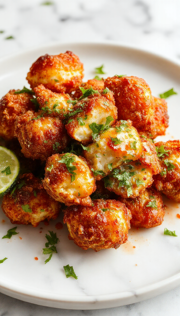 Golden crispy buffalo cauliflower bites served in a bowl with dipping sauce