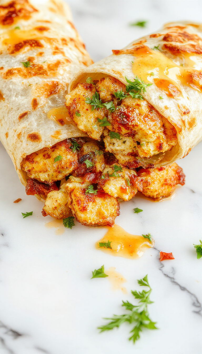 A plate of Devour-Worthy Cheesy Garlic Chicken Wraps with golden crispy exterior and melted cheese filling.