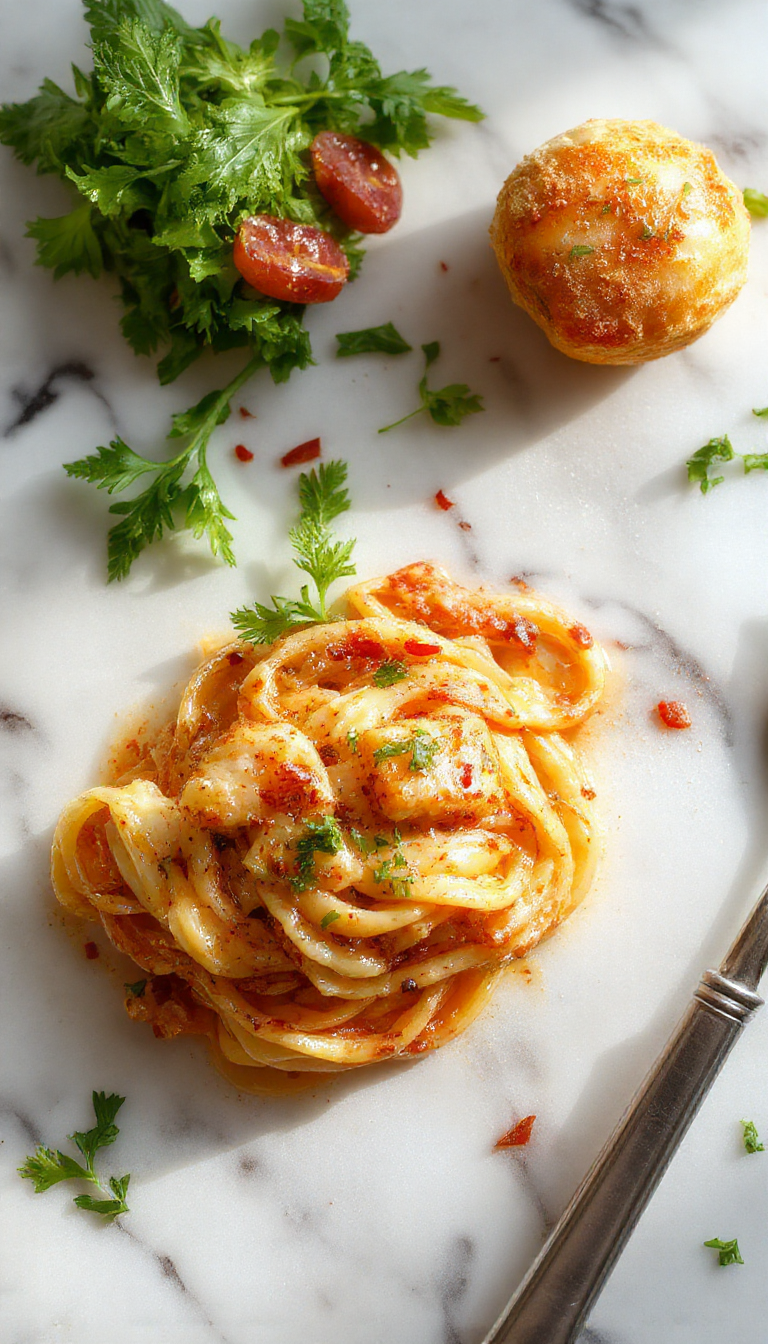 A plate of Honey Pepper Chicken Pasta garnished with fresh herbs and colorful vegetables