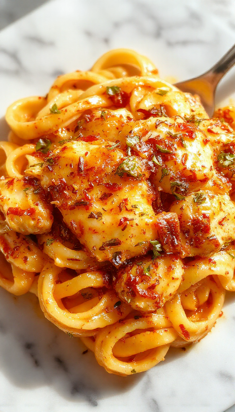A plate of Honey Pepper Chicken Pasta garnished with fresh herbs, showcasing tender chicken strips coated in a glossy honey pepper sauce alongside pasta.
