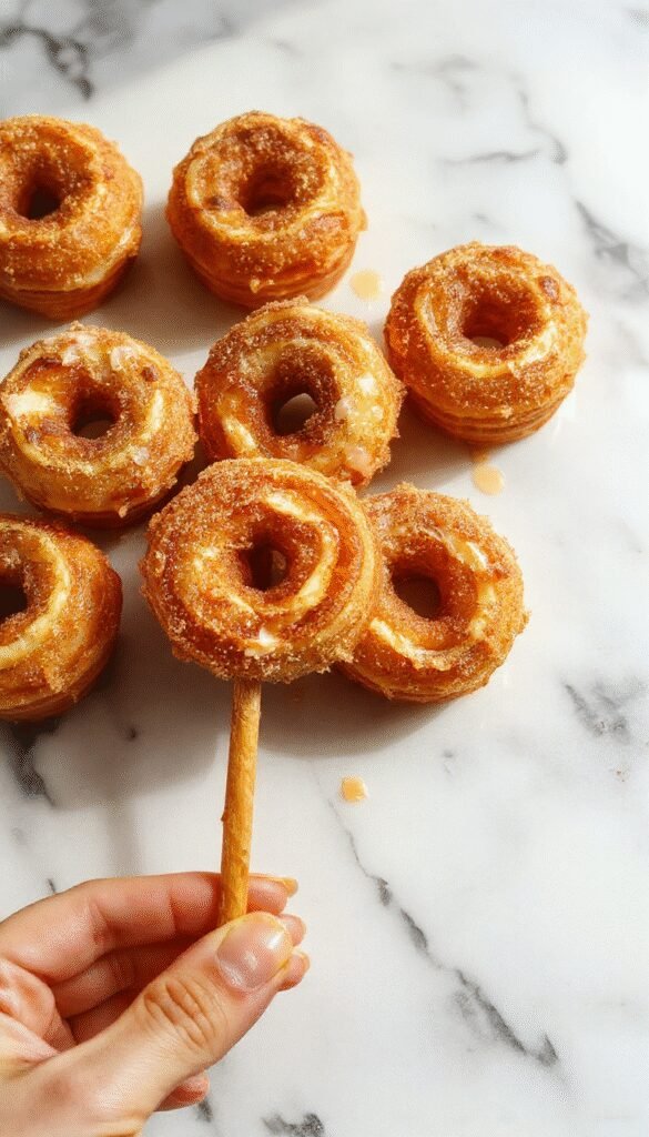Golden baked churro bites arranged on a white plate, sprinkled with cinnamon sugar.