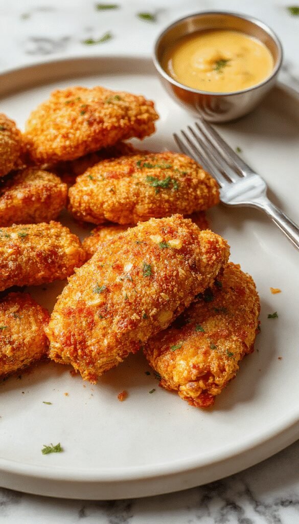 Golden crispy baked chicken tenders arranged on a white plate with fresh herbs