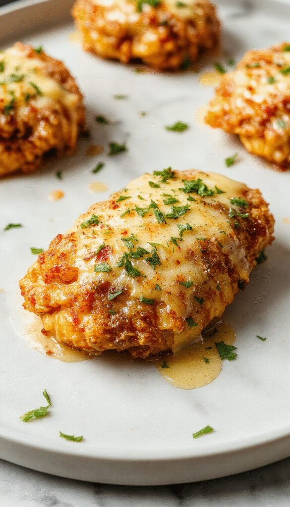 Golden Parmesan Chicken with Velvety Garlic Sauce served on a white plate garnished with fresh herbs.