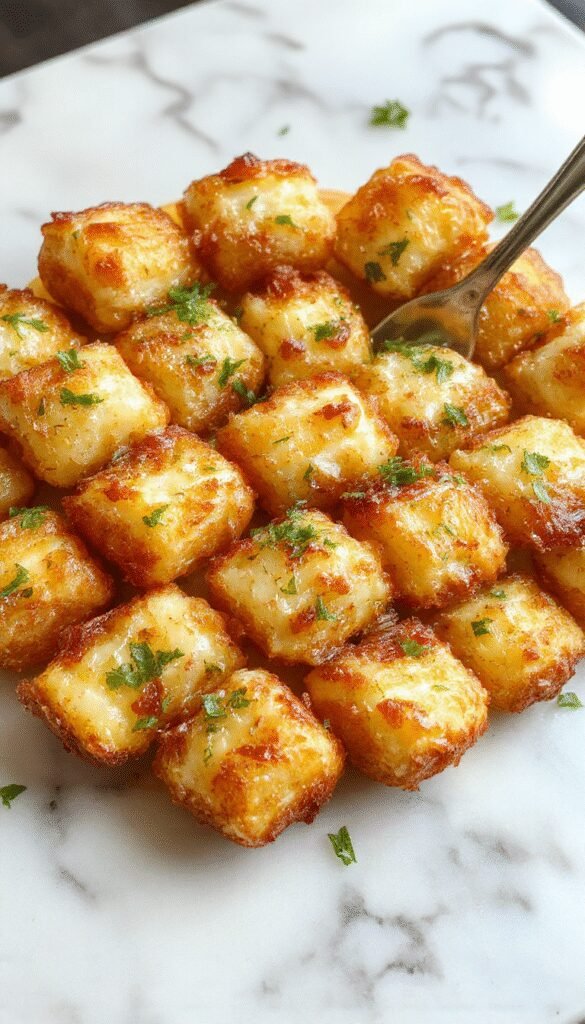 A golden baked Tater Tot casserole served in a glass baking dish topped with crispy Tater Tots and melted cheese.