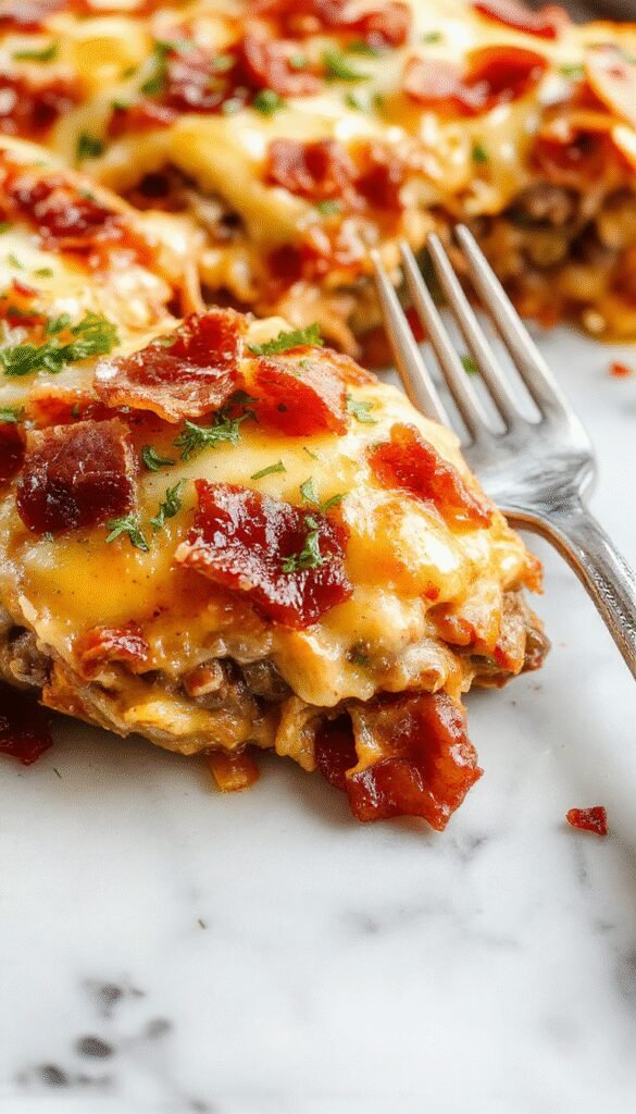 A delicious low-carb beef bacon cheeseburger casserole in a baking dish topped with melted cheese and crispy bacon strips