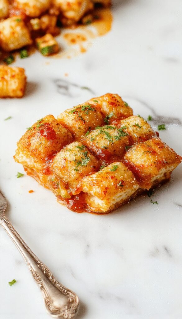 A steaming Hearty Homestyle Tater Tot Bake in a ovenproof dish topped with golden crispy tater tots, surrounded by fresh ingredients.