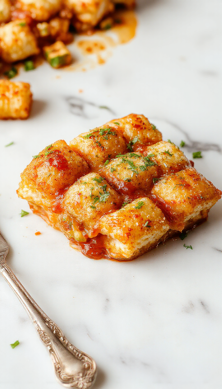 A steaming Hearty Homestyle Tater Tot Bake in a ovenproof dish topped with golden crispy tater tots, surrounded by fresh ingredients.