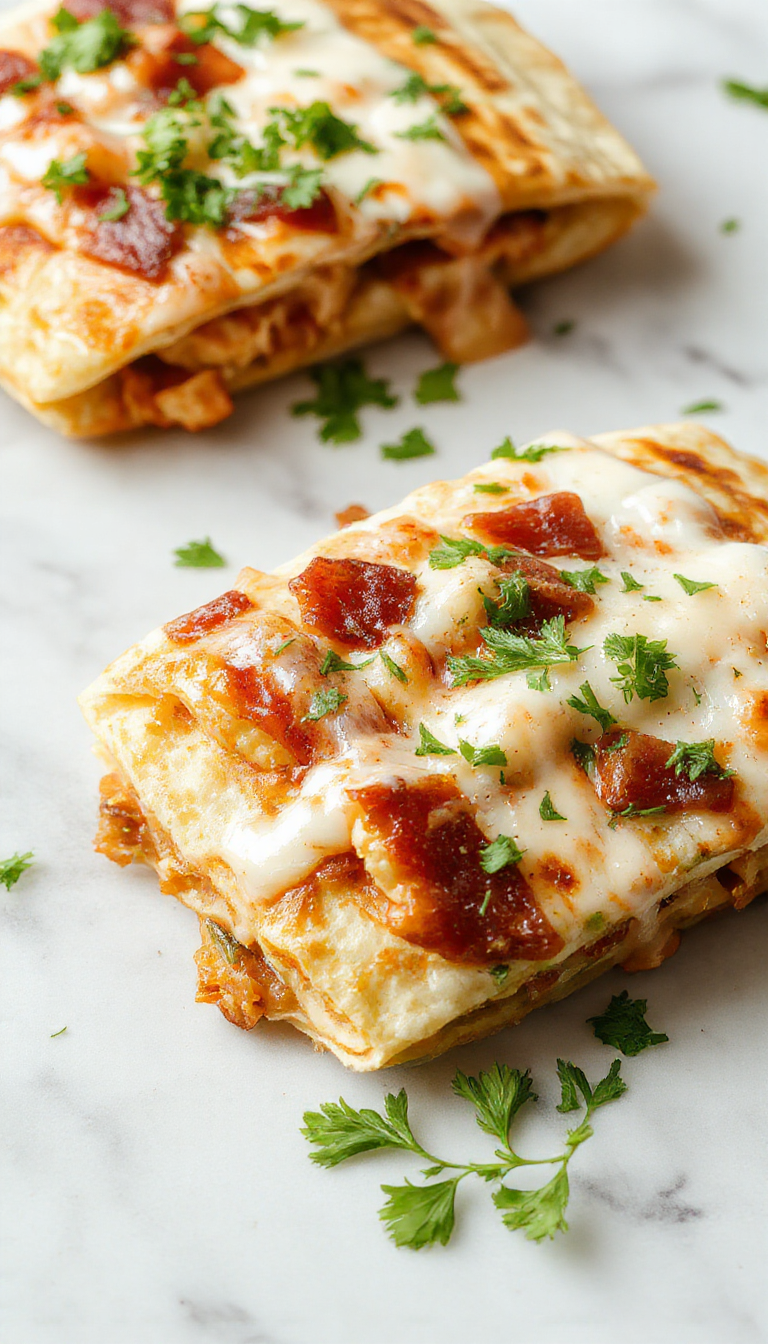 Crispy chicken bacon ranch quesadilla sliced open showing cheese, chicken, and bacon filling.