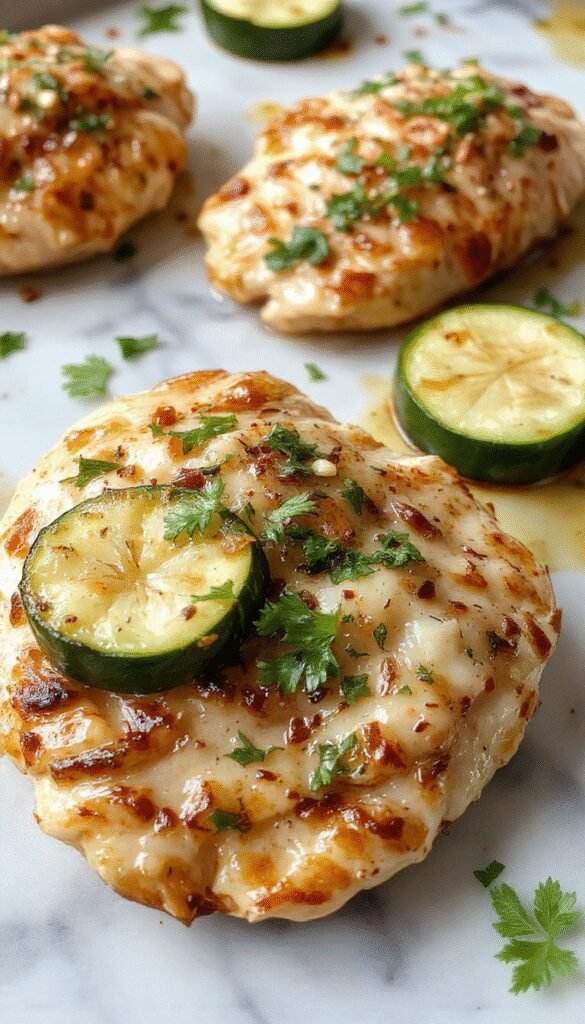 A colorful Mediterranean sheet pan with roasted chicken and zucchini slices on a rustic baking tray