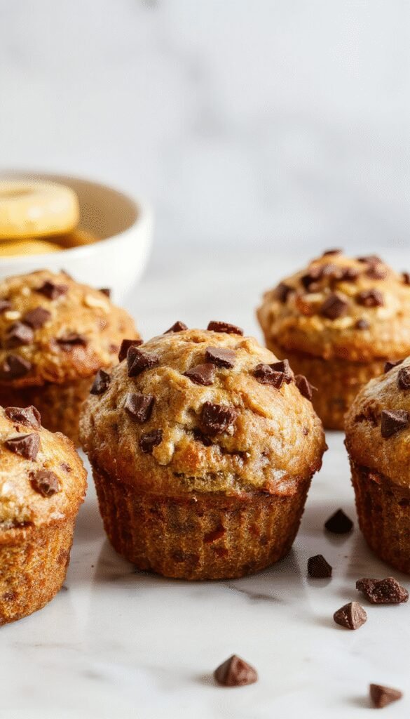 Freshly baked Banana Chocolate Chip Muffins with golden tops and melty chocolate chips on a white plate
