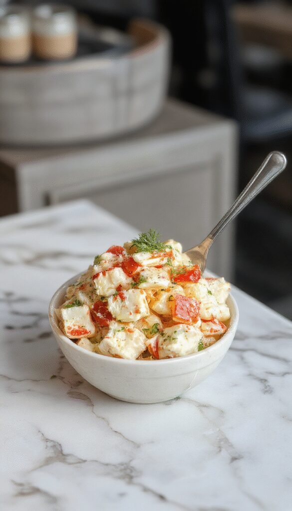 A vibrant bowl of Oceanic Crab Salad garnished with fresh herbs and lemon slices, showcasing colorful crab meat and greens.