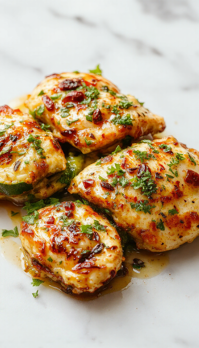 A colorful plate of roasted Mediterranean chicken with zucchini, cherry tomatoes, and herbs on a rustic wooden tray.