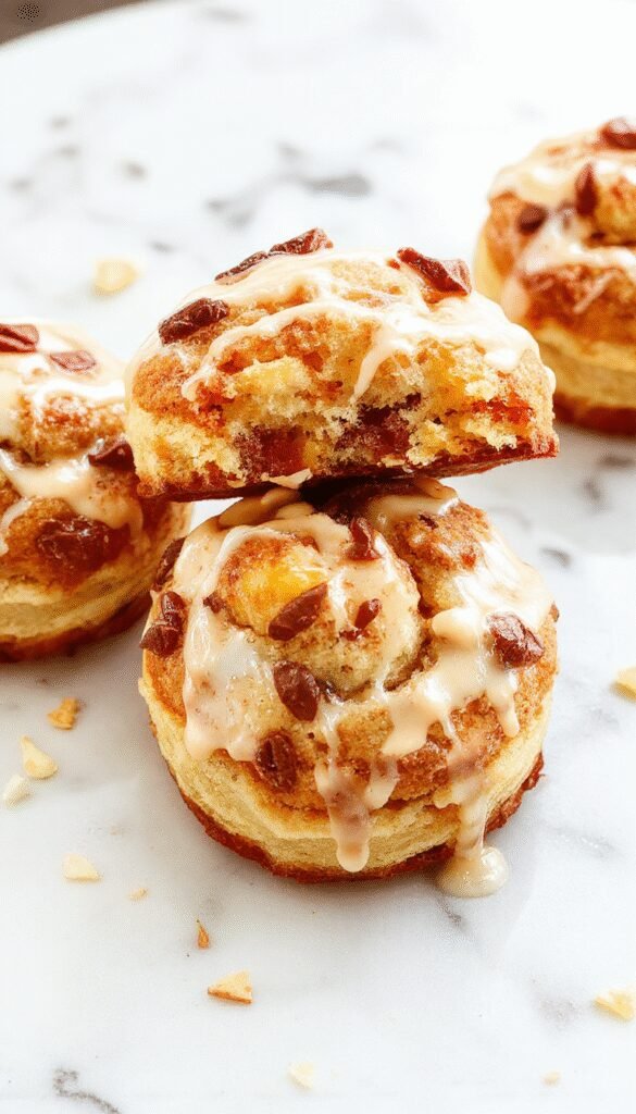 A tray of Peachy Keen Cruffins filled with peach jam and topped with powdered sugar, arranged on a rustic wooden table.