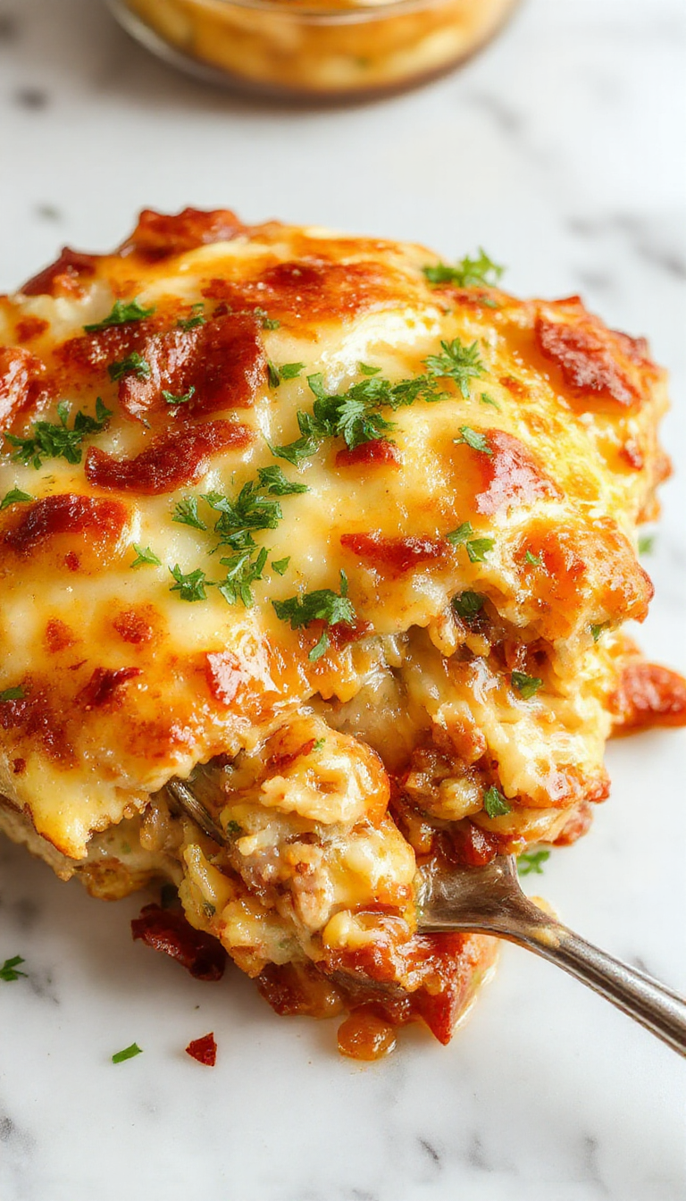 A steaming hot Hobo casserole served in a rustic ovenproof dish with cheese and vegetables.