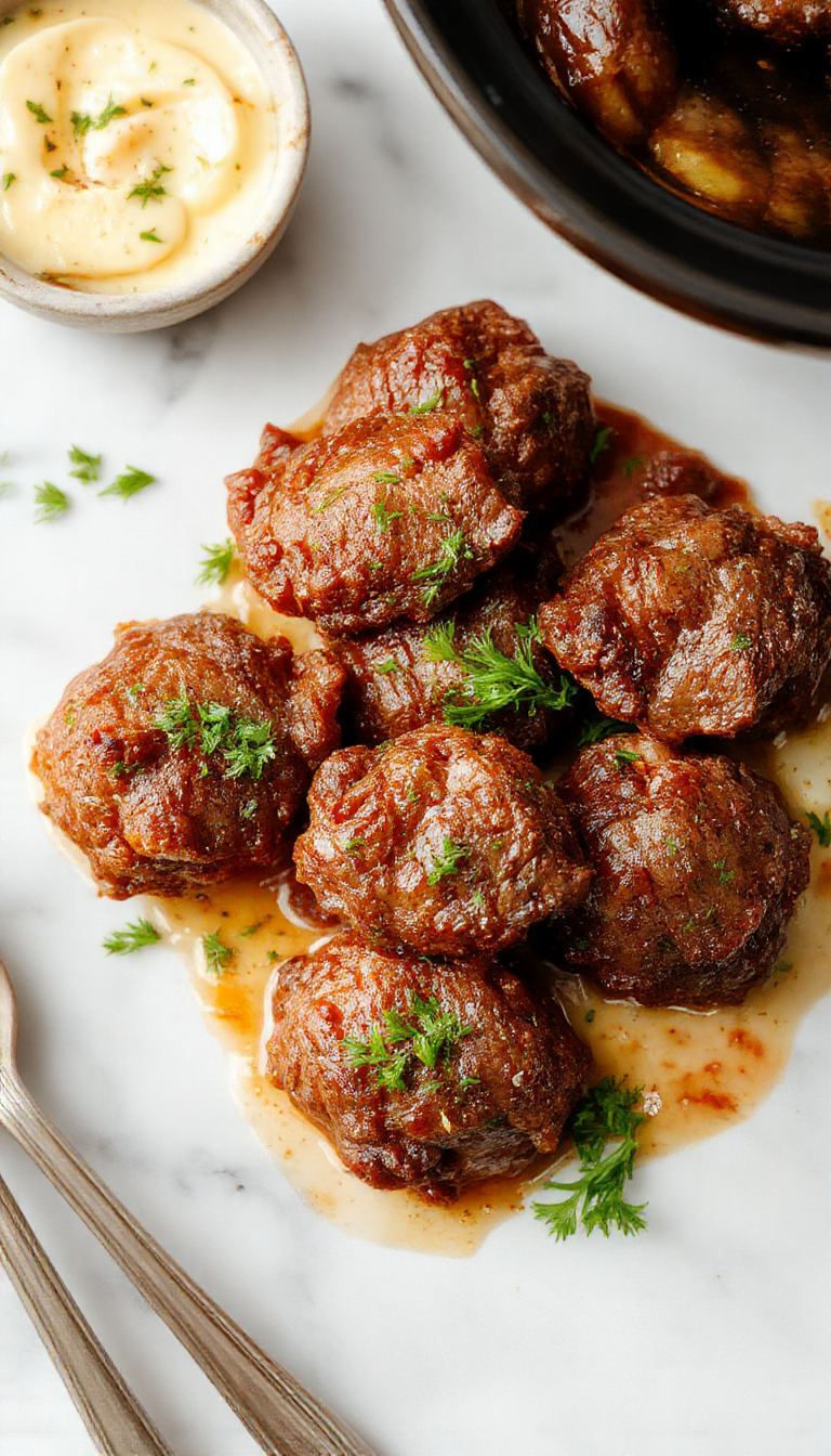 Tender garlic butter beef bites served in a slow cooker, garnished with fresh herbs and accompanied by vegetables