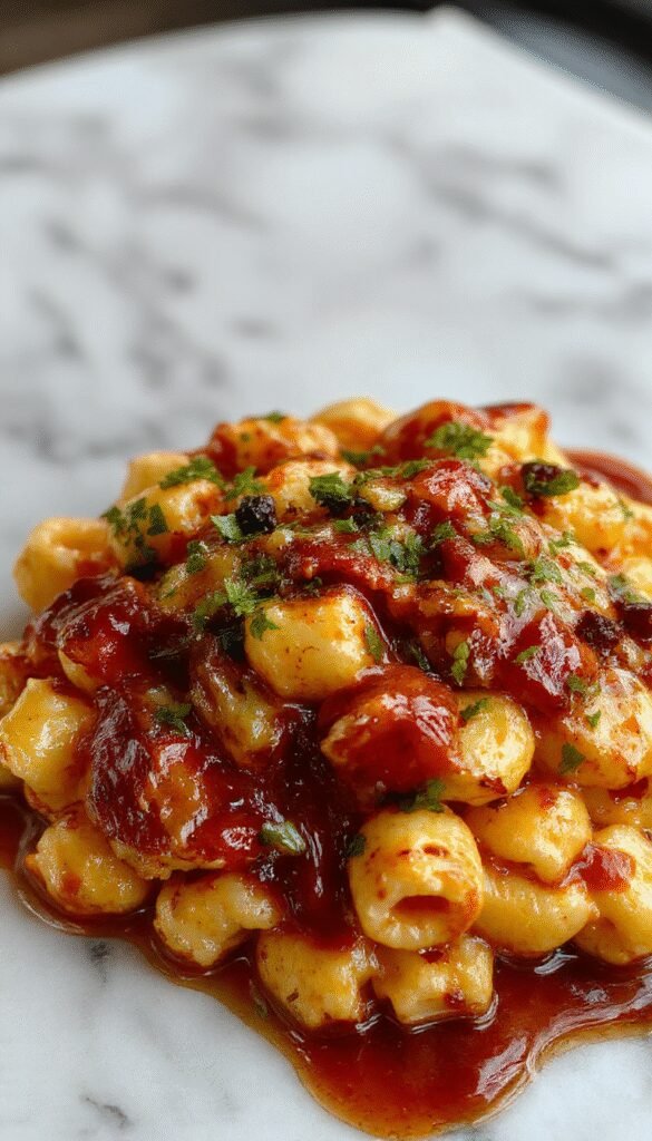 Creamy smoky Mac and Cheese topped with juicy BBQ chicken and melted cheese