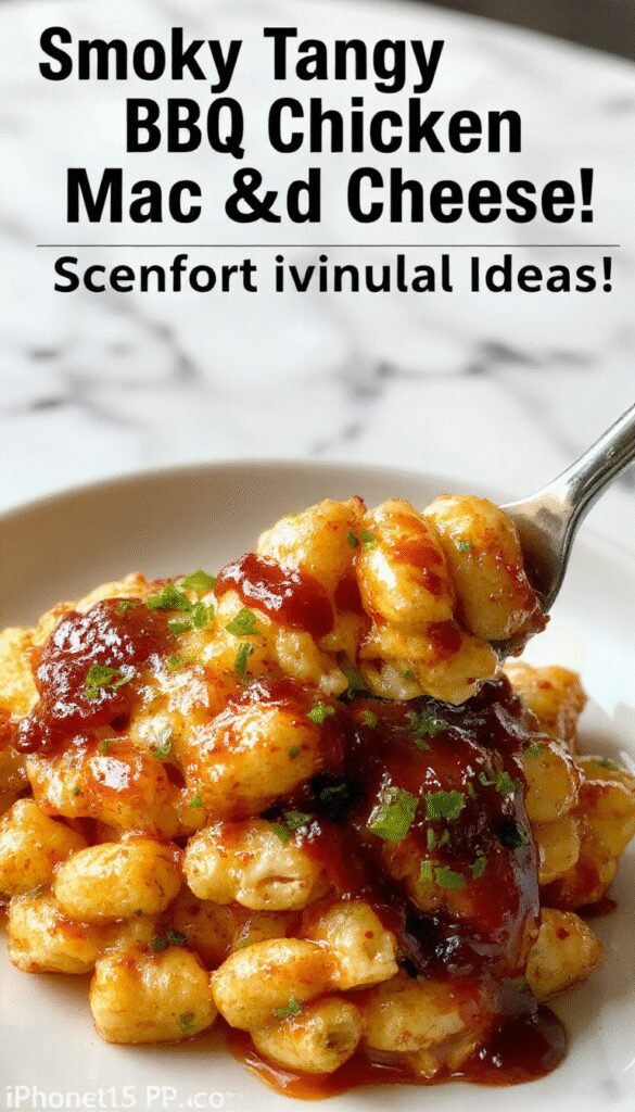 Creamy BBQ chicken mac and cheese topped with smoky crispy chicken pieces and melted cheese