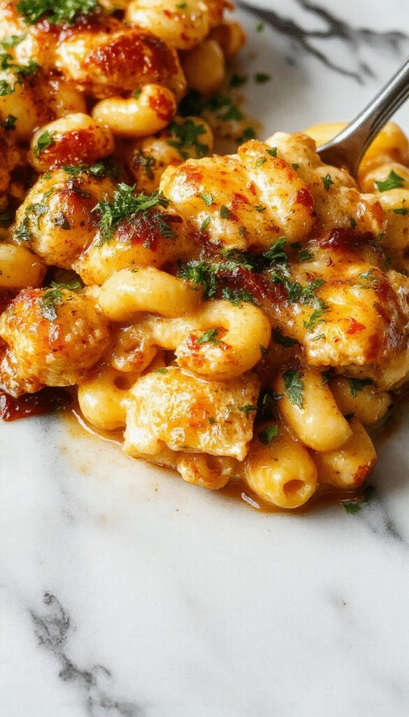 A bowl of creamy mac and cheese topped with smoked, tangy BBQ chicken pieces and a sprinkle of herbs.