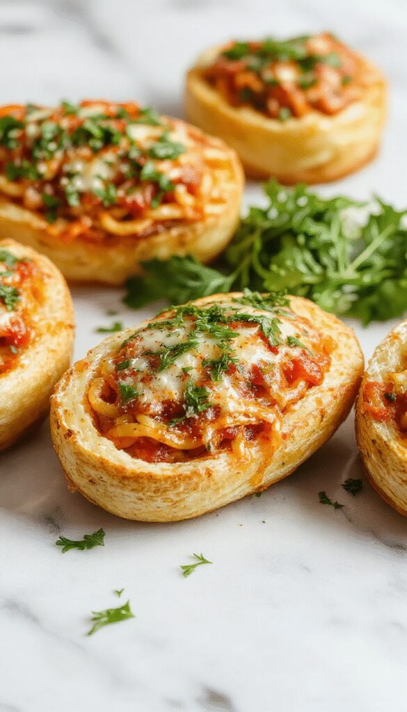 A close-up of golden garlic bread boats filled with savory spaghetti, topped with grated cheese and fresh herbs.