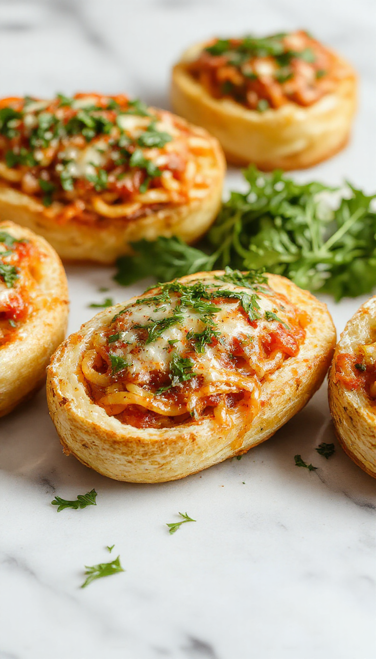 A close-up of golden garlic bread boats filled with savory spaghetti, topped with grated cheese and fresh herbs.