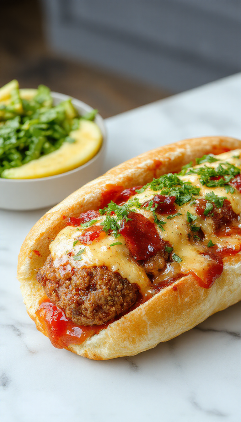 A plate of Speedy Bourbon BBQ Bacon Cheeseburger Meatball Subs topped with melted cheese and crispy bacon strips.