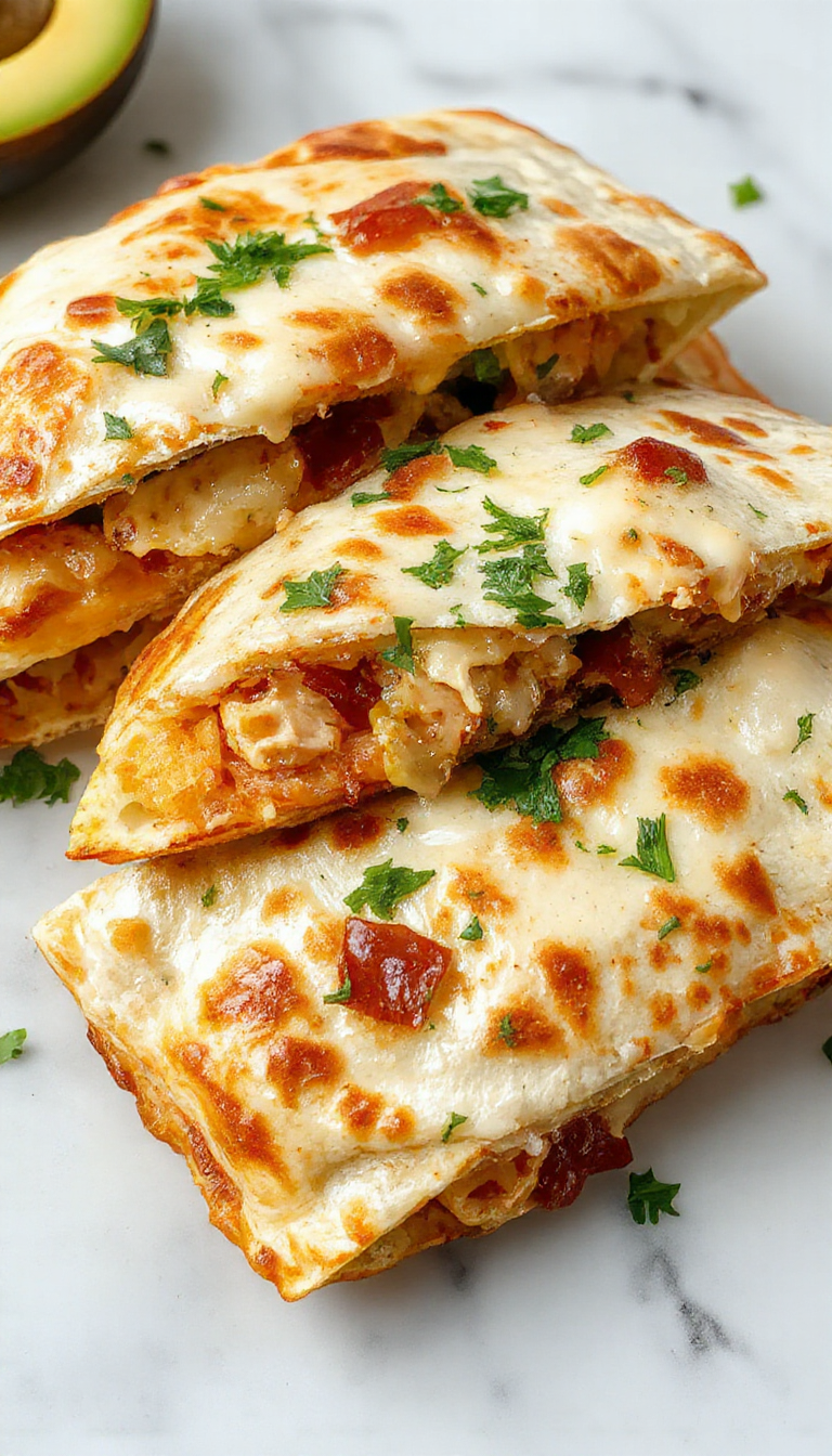 A sizzling skillet with golden chicken, crispy bacon, melted cheese, and ranch sauce in a loaded quesadilla