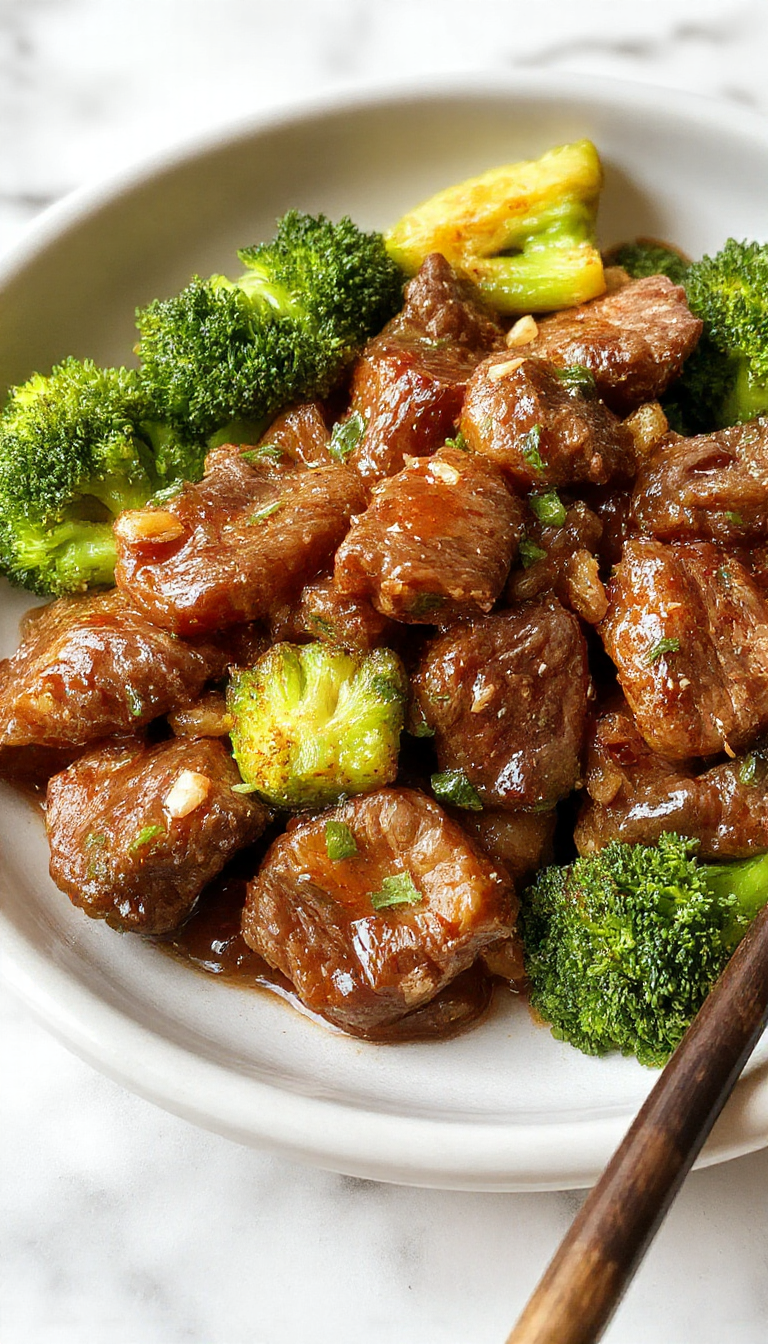 A vibrant plate of beef and broccoli stir-fry garnished with sesame seeds and scallions