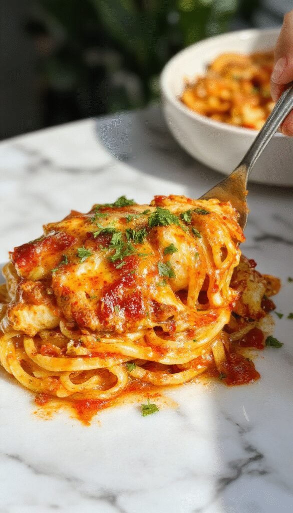 A delicious spicy chicken spaghetti casserole topped with melted cheese and green onions in a baking dish