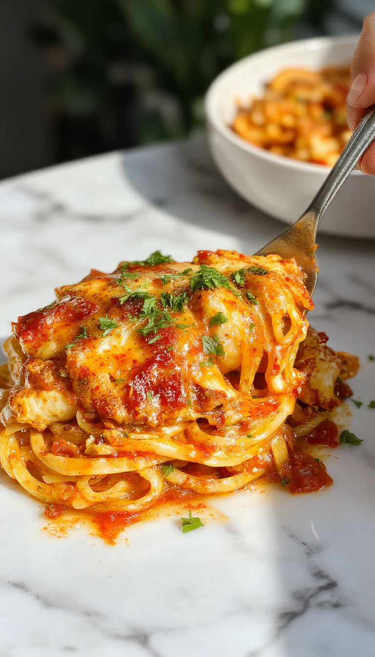 A delicious spicy chicken spaghetti casserole topped with melted cheese and green onions in a baking dish