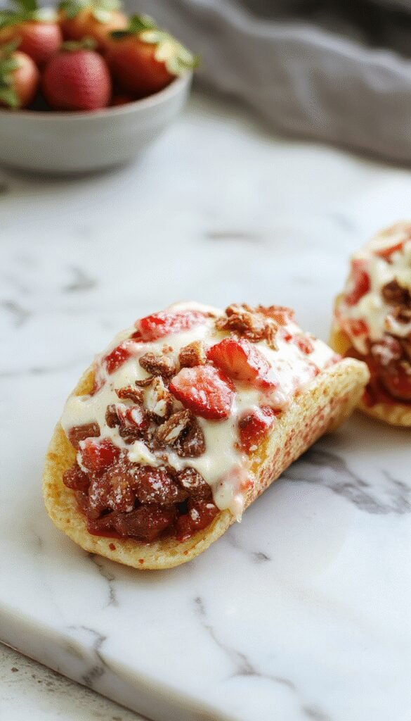 Delicious strawberry crunch cheesecake tacos with a crispy shell, fresh strawberries, and creamy filling.