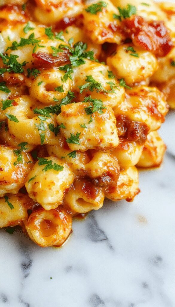A delicious plate of BBQ chicken mac and cheese topped with shredded cheese and chopped green onions