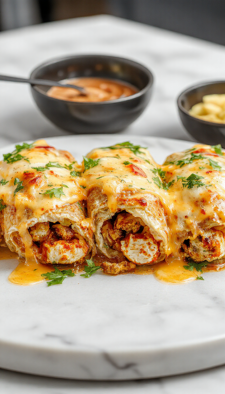 Close-up of cheesy garlic chicken wraps filled with melted cheese and crispy chicken slices
