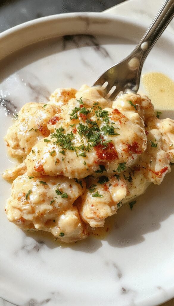 A bowl of creamy Chicken Alfredo pasta garnished with parsley, served on a wooden table
