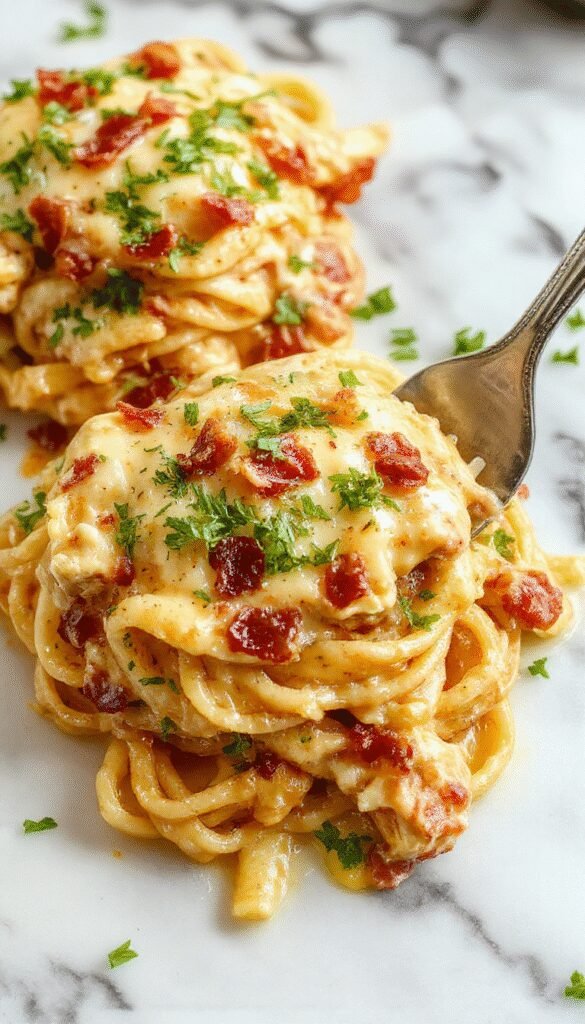 A plate of creamy chicken bacon ranch pasta garnished with fresh herbs and crispy bacon pieces