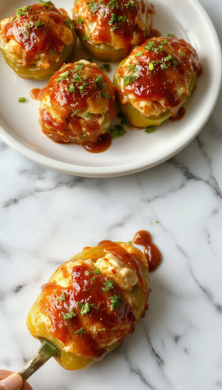 Colorful bell peppers filled with juicy teriyaki chicken and fresh vegetables, garnished with sesame seeds and green onions.