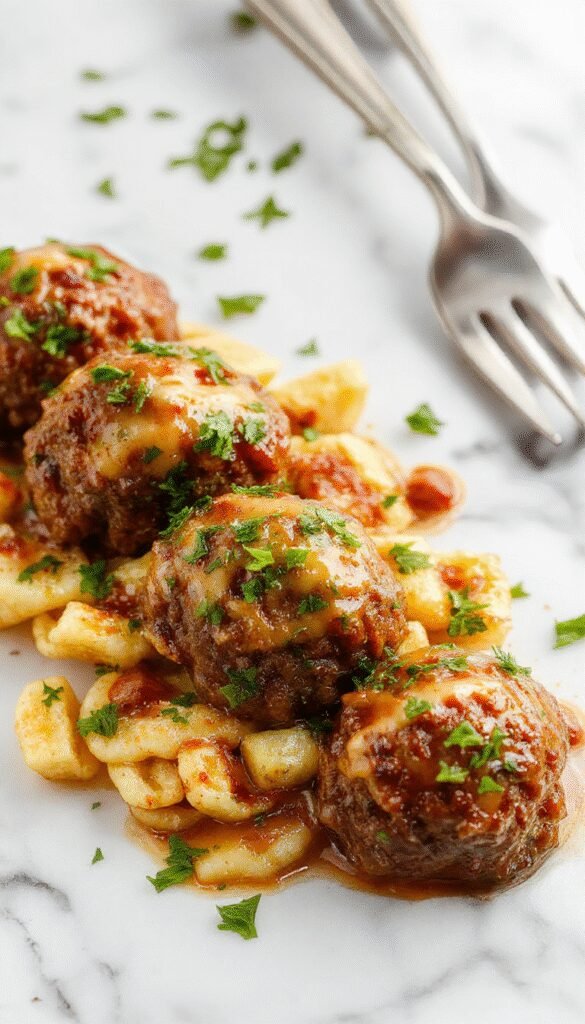 A hearty plate of Salisbury steak meatballs cooked in a slow cooker, garnished with fresh herbs and served with mashed potatoes.