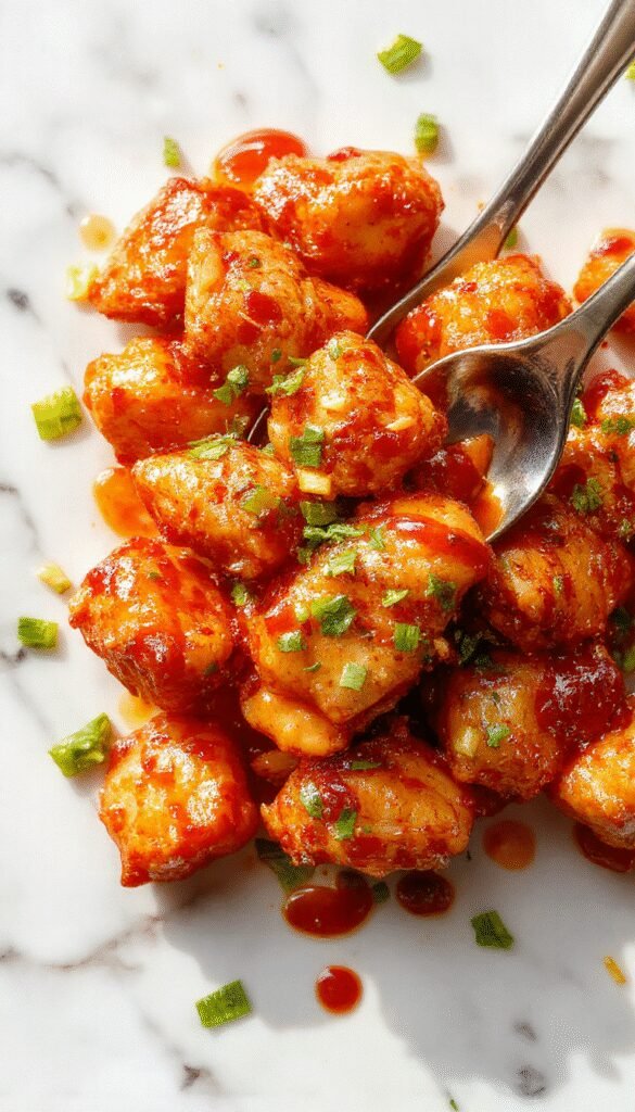 A plate of crispy Zesty Asian Sweet Chili Chicken garnished with fresh herbs and sesame seeds.