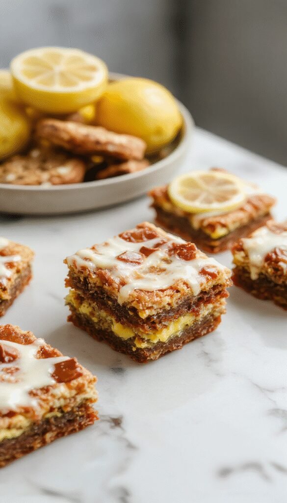 Close-up of zesty lemon brownie bliss bars with a shiny lemon glaze and zest topping
