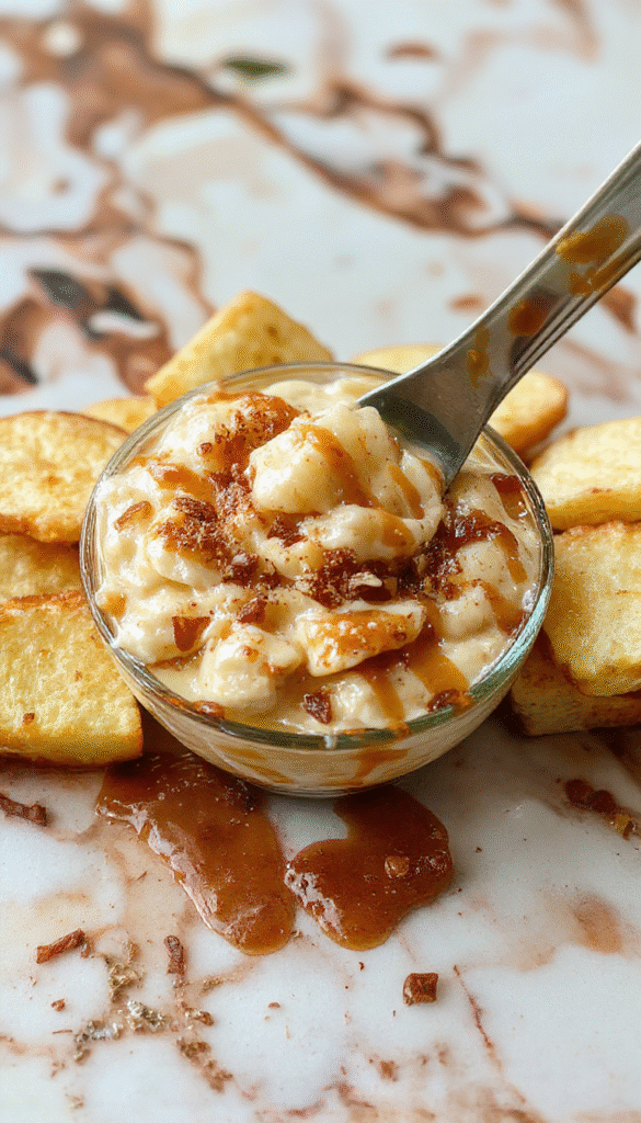 A vibrant white bowl filled with rich caramel-colored toffee apple dip, topped with crushed toffee bits and fresh apple slices arranged around, on a rustic wooden table with a drizzle of caramel sauce and a sprinkle of toffee crumbs, styled for a cozy dessert presentation.