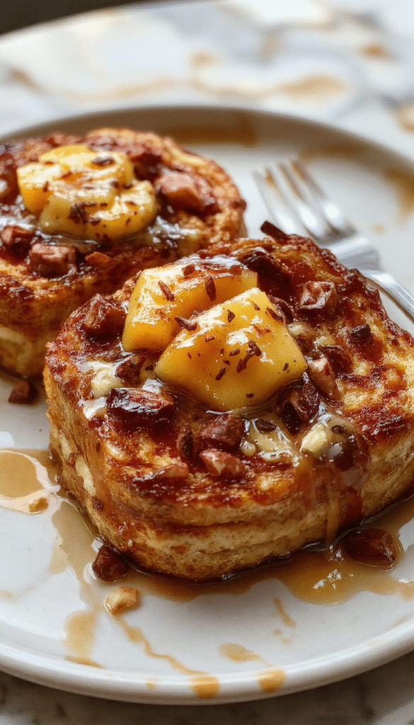 A vibrant plate of golden-brown pumpkin French toast topped with whipped cream, cinnamon, and fresh pumpkin chunks, garnished with powdered sugar and served on a rustic white plate with a cinnamon stick, set against a cozy autumn-themed background with fallen leaves and warm lighting.