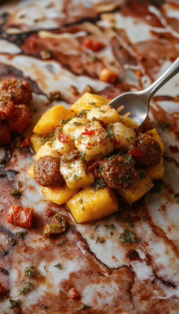 A vibrant plate of autumn sausage pasta with roasted squash, garnished with fresh herbs and melted cheese, presented on a rustic wooden table with warm lighting.