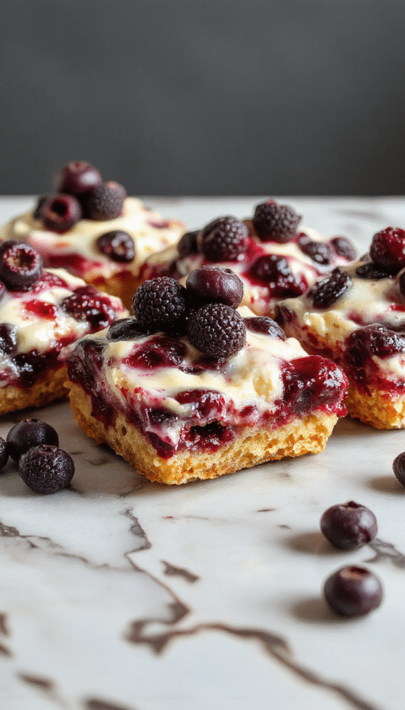 Rich and creamy blueberry cream cheese bars beautifully plated with vibrant purple and blue swirls on a white plate, sprinkled with powdered sugar, showcasing a glossy blueberry topping and a layered crust with a smooth cream cheese filling.
