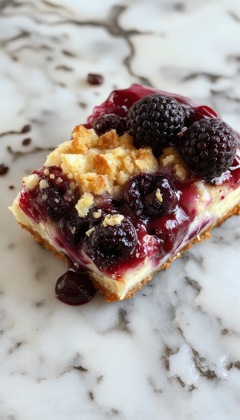A vibrant slice of blueberry crumble cheesecake on a white plate, topped with fresh blueberries and golden crumble, with a creamy filling and a crunchy crust, styled with blueberries scattered around and a rustic wooden background